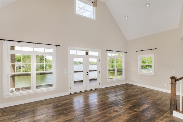 217 Jackson Rd, Iva, SC 29655 - interior space with high vaulted ceiling, french doors, baseboards, dark wood-style floors, and recessed lighting