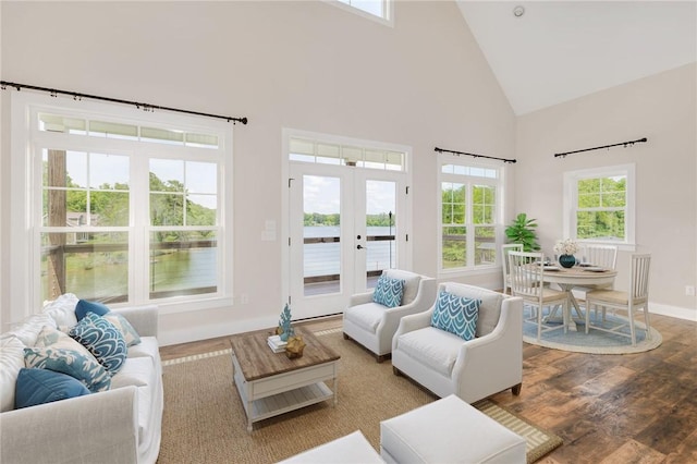 217 Jackson Rd, Iva, SC 29655 - living area featuring high vaulted ceiling, a wealth of natural light, french doors, and wood finished floors