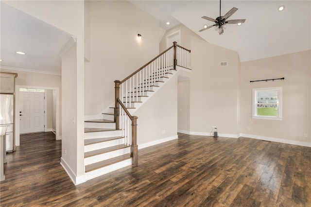 217 Jackson Rd, Iva, SC 29655 - staircase featuring wood finished floors, visible vents, baseboards, high vaulted ceiling, and ceiling fan