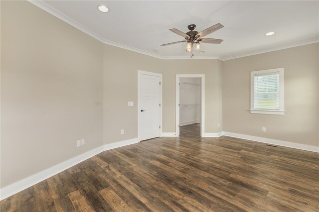 217 Jackson Rd, Iva, SC 29655 - empty room featuring dark wood finished floors, baseboards, ornamental molding, and a ceiling fan