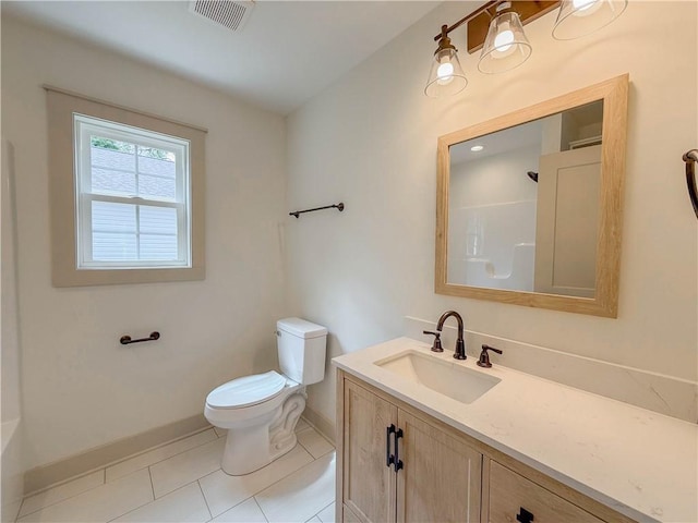 full bathroom with baseboards, toilet, a shower, tile patterned floors, and vanity