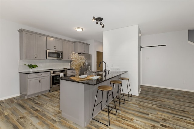101 Pin Oak Ct, Easley, SC 29642 - kitchen featuring gray cabinetry, appliances with stainless steel finishes, a kitchen bar, and light wood-style flooring
