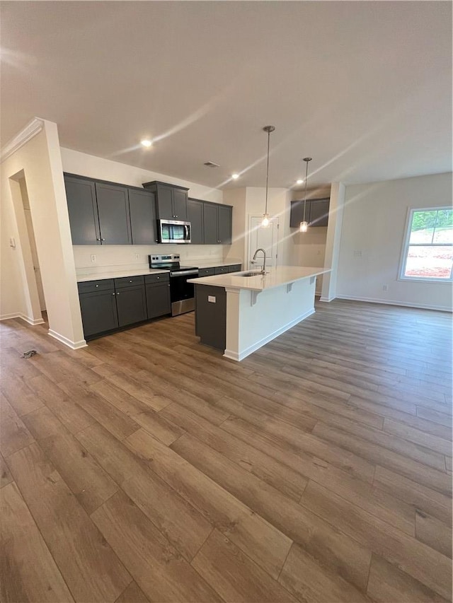 kitchen with dark wood finished floors, a kitchen island with sink, appliances with stainless steel finishes, and a sink