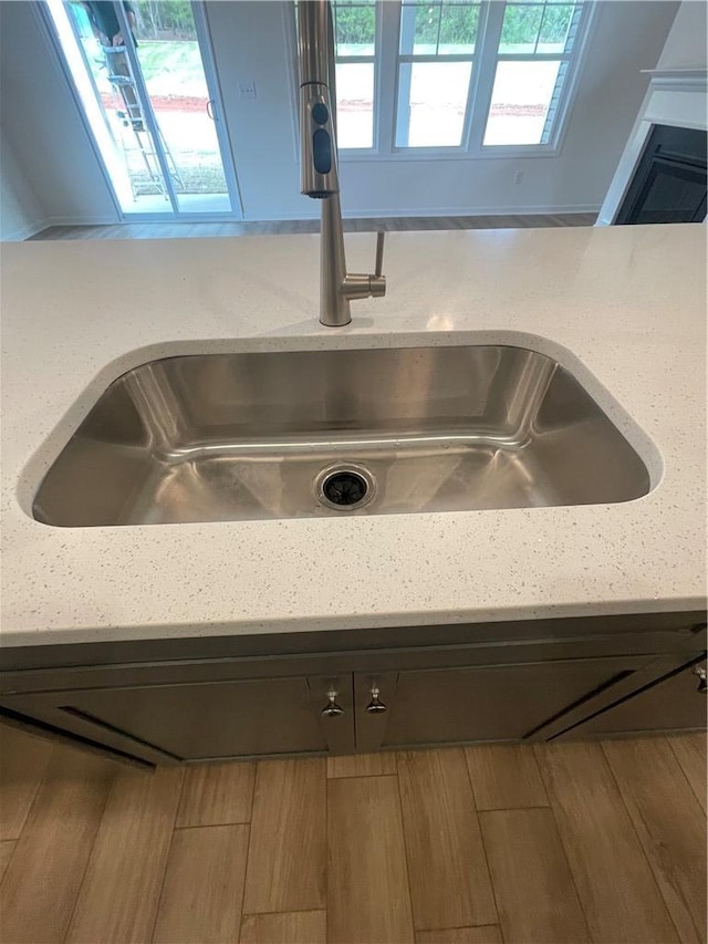 interior details featuring wood finished floors and a sink