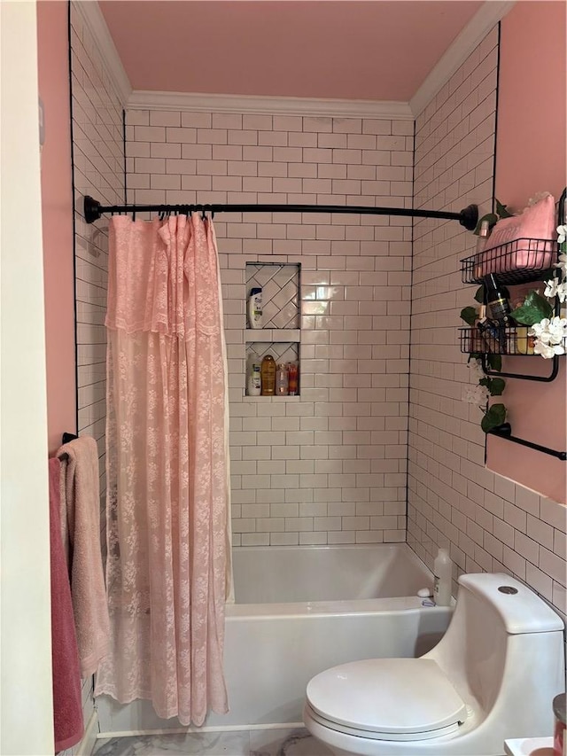 bathroom with toilet, ornamental molding, and shower / bath combo with shower curtain
