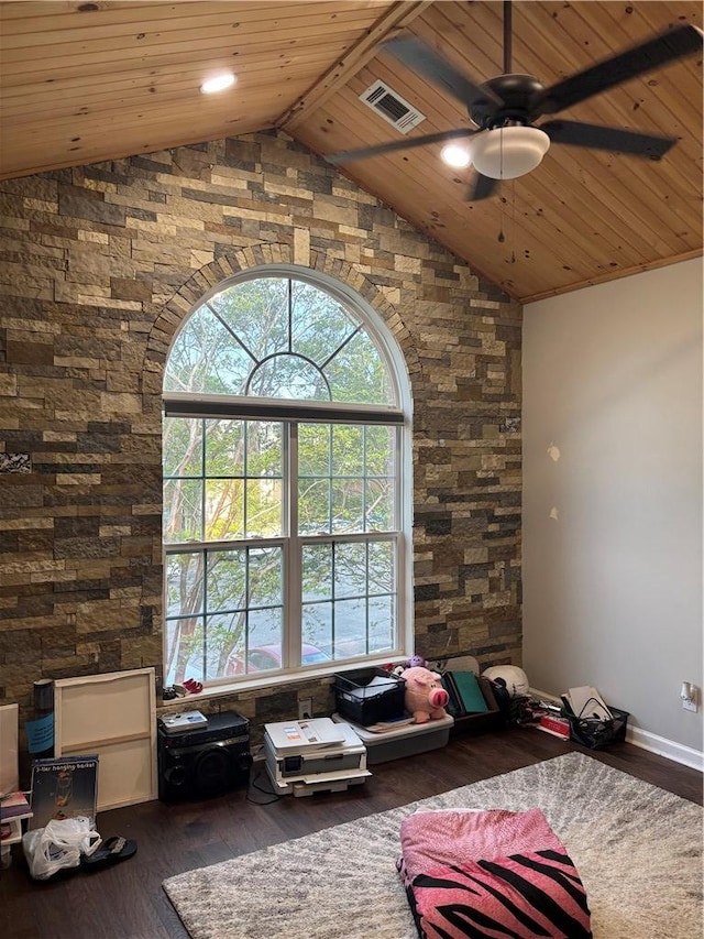 interior space featuring wood finished floors, visible vents, wood ceiling, high vaulted ceiling, and ceiling fan