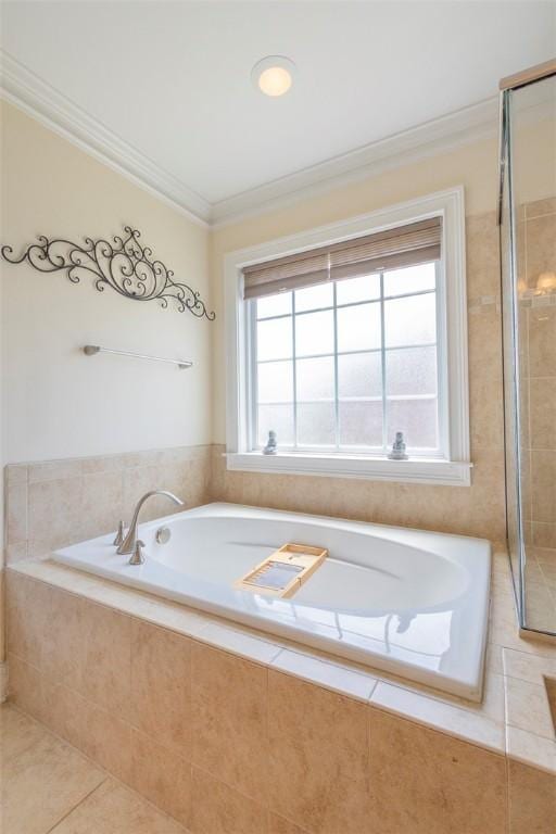 118 Easy Gap Rd, Anderson, SC 29621 - bathroom with crown molding, tile patterned floors, a bath, and tiled shower