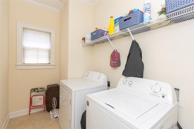 118 Easy Gap Rd, Anderson, SC 29621 - laundry area with ornamental molding, separate washer and dryer, baseboards, and light tile patterned floors