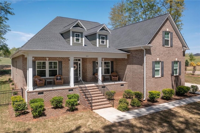 view of front of house with roof with shingles, covered porch, fence, brick siding, and stairway