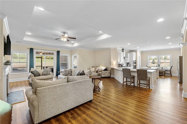 living room featuring a raised ceiling, a ceiling fan, dark wood-style floors, and ornamental molding