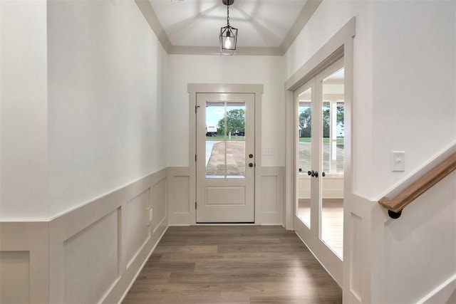 138 Jackson Cir, Anderson, SC 29625 - doorway with a decorative wall, a wainscoted wall, and dark wood-type flooring