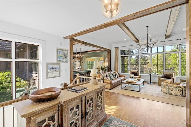 211 Quay Ct, Sunset, SC 29685 - interior space with a notable chandelier, wood finished floors, and beamed ceiling