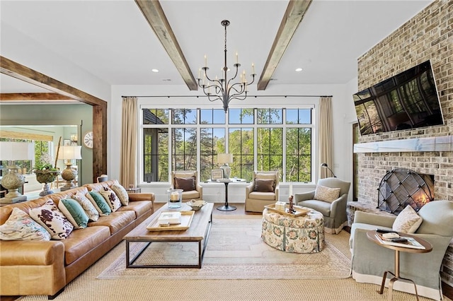 211 Quay Ct, Sunset, SC 29685 - living room featuring a fireplace, a chandelier, beam ceiling, and a healthy amount of sunlight
