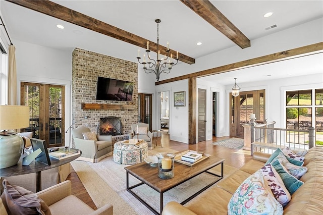 211 Quay Ct, Sunset, SC 29685 - living room featuring light wood finished floors, a fireplace, beam ceiling, visible vents, and recessed lighting