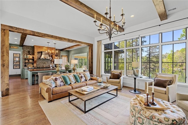 211 Quay Ct, Sunset, SC 29685 - living area featuring recessed lighting, an inviting chandelier, visible vents, light wood-type flooring, and beam ceiling