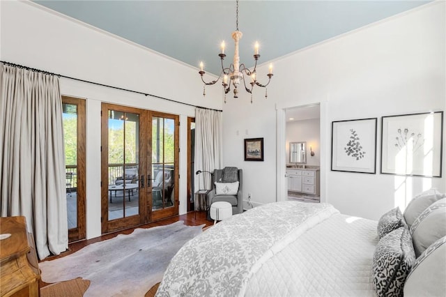 211 Quay Ct, Sunset, SC 29685 - bedroom featuring french doors, a chandelier, wood finished floors, access to outside, and connected bathroom