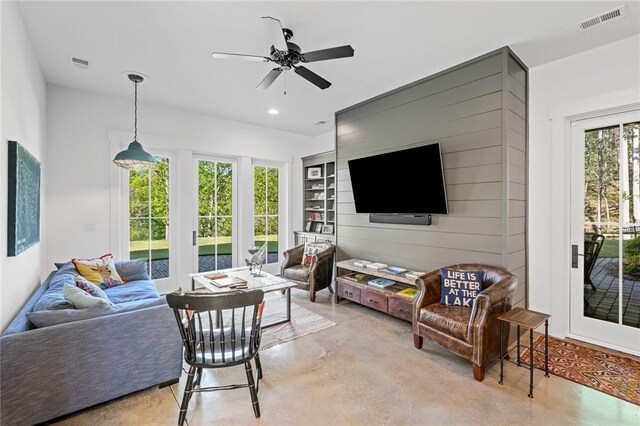 211 Quay Ct, Sunset, SC 29685 - living room with recessed lighting, visible vents, ceiling fan, and finished concrete floors