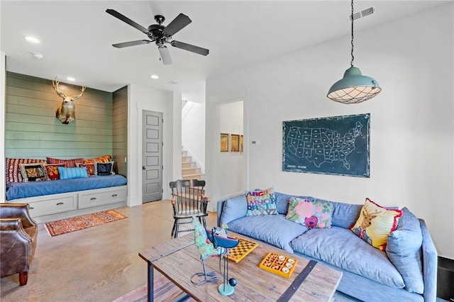 211 Quay Ct, Sunset, SC 29685 - living area with recessed lighting, visible vents, a ceiling fan, finished concrete floors, and stairs