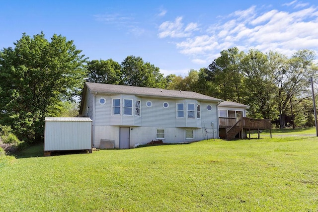 221 Lakeview Dr, Liberty, SC 29657 - back of property featuring a wooden deck, a lawn, a shed, and stairway