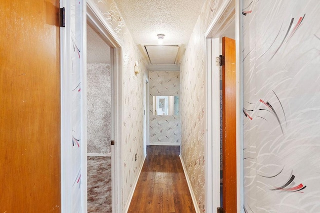 221 Lakeview Dr, Liberty, SC 29657 - corridor featuring wallpapered walls, wood-type flooring, baseboards, attic access, and a textured ceiling