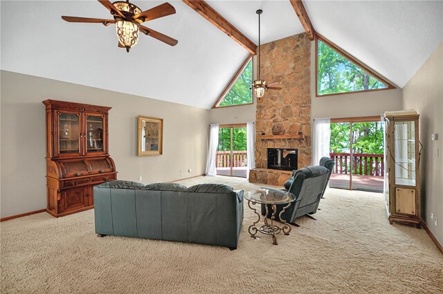234 Chandlers Ferry Dr, Hartwell, GA 30643 - living room featuring high vaulted ceiling, ceiling fan, baseboards, and carpet flooring