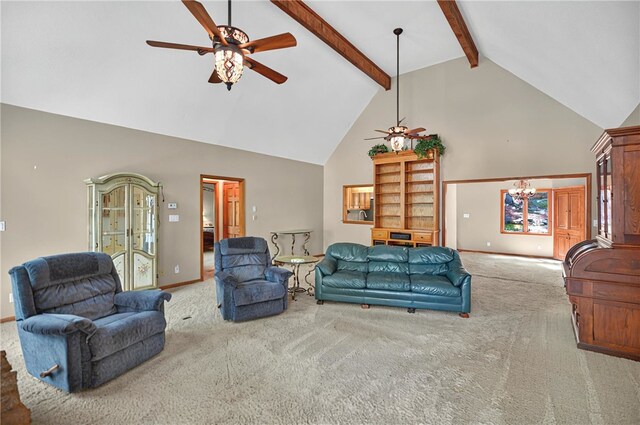 234 Chandlers Ferry Dr, Hartwell, GA 30643 - carpeted living area with baseboards, beam ceiling, high vaulted ceiling, and ceiling fan with notable chandelier