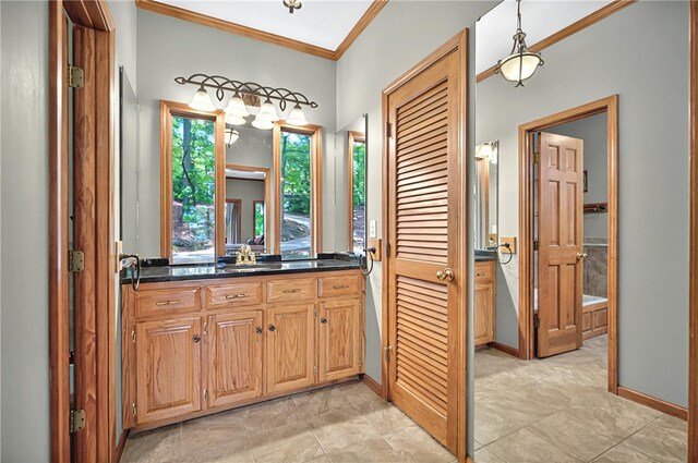 234 Chandlers Ferry Dr, Hartwell, GA 30643 - bathroom with baseboards, vanity, a closet, and ornamental molding