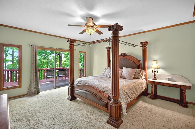 234 Chandlers Ferry Dr, Hartwell, GA 30643 - carpeted bedroom with crown molding, a ceiling fan, baseboards, and access to exterior