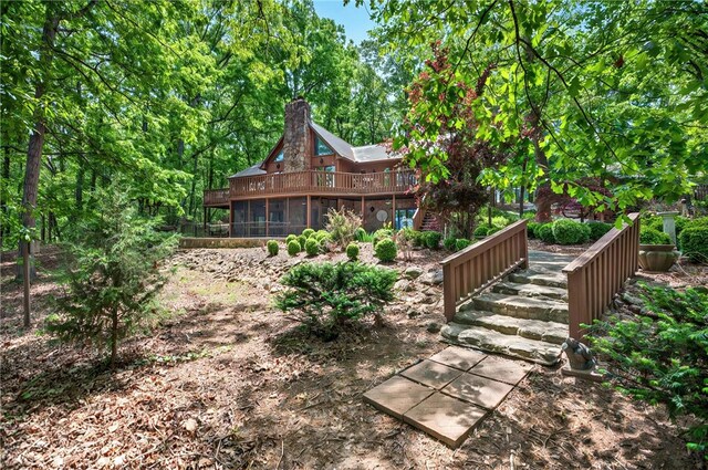 234 Chandlers Ferry Dr, Hartwell, GA 30643 - view of yard with a wooden deck, a sunroom, and stairs