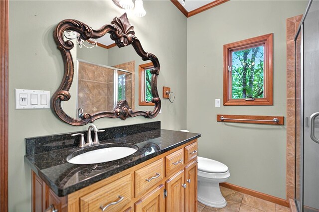 234 Chandlers Ferry Dr, Hartwell, GA 30643 - full bath featuring a shower stall, tile patterned flooring, toilet, vanity, and ornamental molding