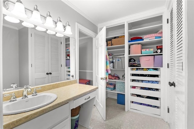 112 Briar Creek Ln, Anderson, SC 29621 - bathroom with vanity, tile patterned flooring, a closet, and crown molding