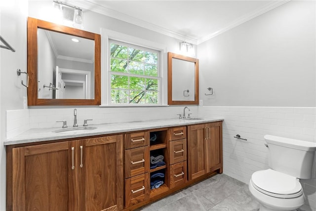 112 Briar Creek Ln, Anderson, SC 29621 - bathroom with toilet, ornamental molding, a sink, and double vanity