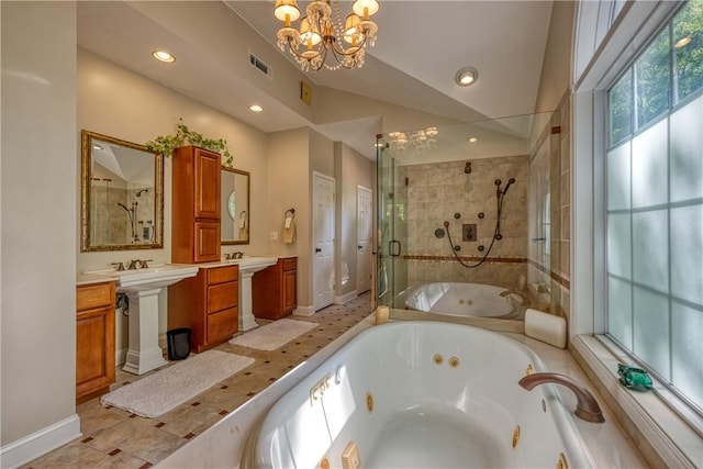 full bathroom with a whirlpool tub, visible vents, baseboards, a chandelier, and a stall shower