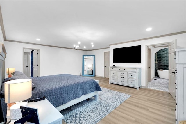 bedroom featuring recessed lighting, light wood-style flooring, baseboards, and ornamental molding