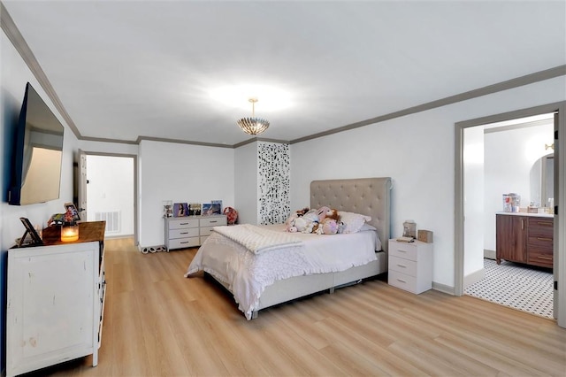 bedroom with ornamental molding, visible vents, and light wood-style flooring