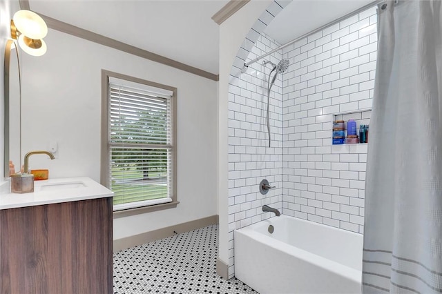 bathroom with shower / tub combo, crown molding, vanity, and tile patterned floors