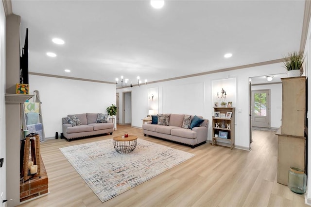 living room featuring recessed lighting, light wood-style floors, and ornamental molding