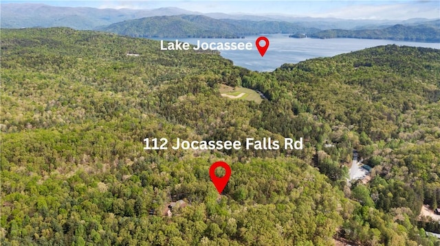 aerial view with a water and mountain view and a view of trees