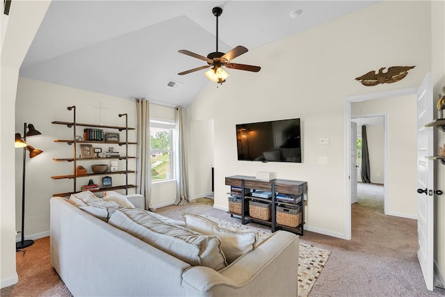 carpeted living room with vaulted ceiling, a ceiling fan, visible vents, and baseboards
