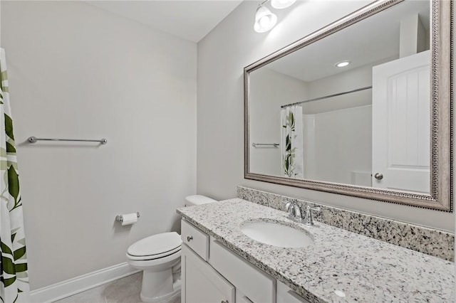 bathroom with tile patterned floors, toilet, vanity, baseboards, and a shower with shower curtain