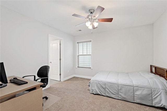 bedroom featuring visible vents, baseboards, carpet, and ceiling fan