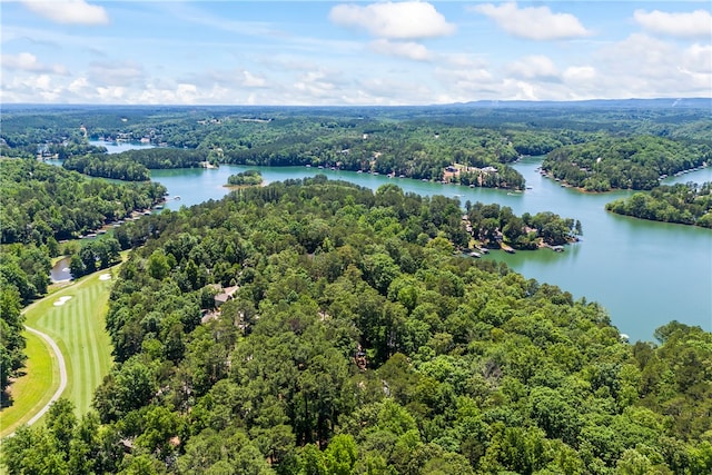 bird's eye view featuring a wooded view and a water view