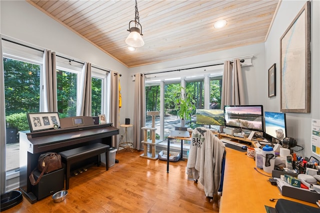 office space with wood ceiling, lofted ceiling, light wood-type flooring, and crown molding