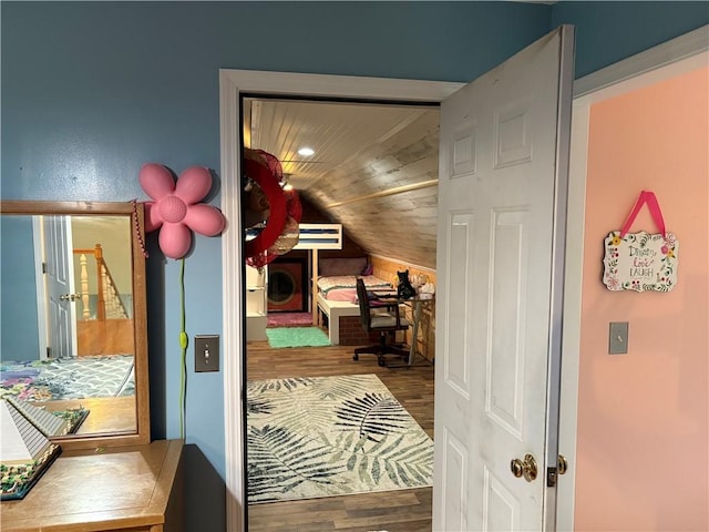 301 Lakeside Dr, Seneca, SC 29672 - hall featuring washer / dryer, vaulted ceiling, and wood finished floors