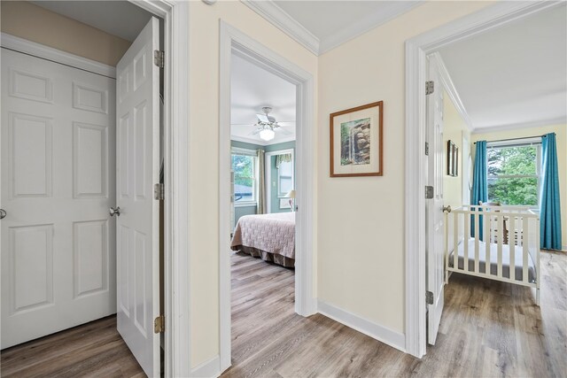 hallway with baseboards, wood finished floors, and crown molding