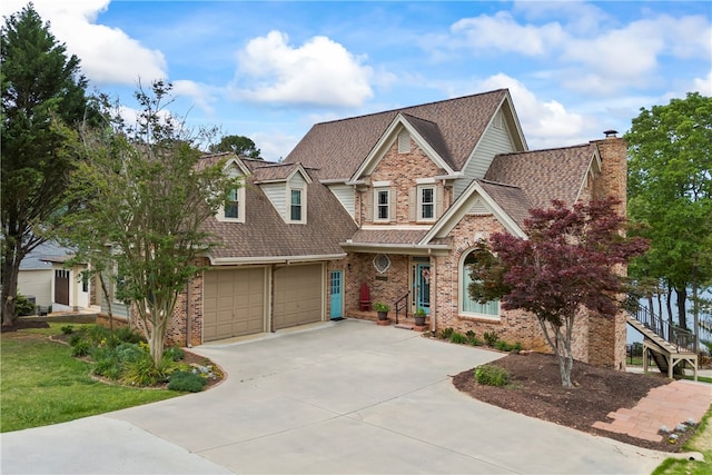 craftsman house featuring concrete driveway, roof with shingles, a chimney, and brick siding
