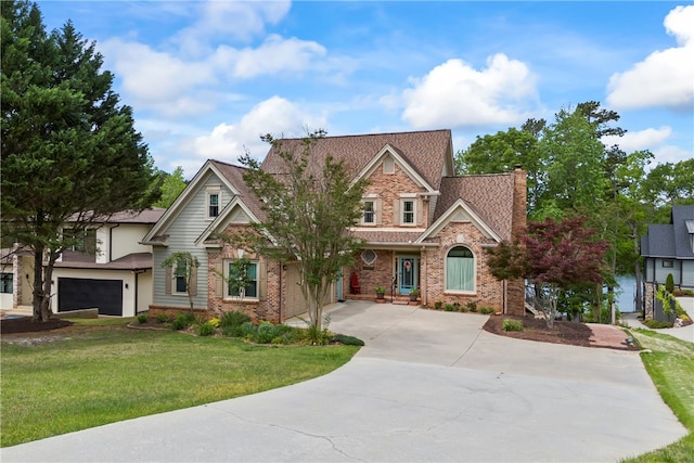 craftsman inspired home featuring driveway, a chimney, a front yard, an attached garage, and brick siding