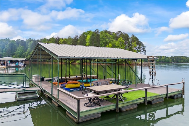 dock area with a water view and a view of trees