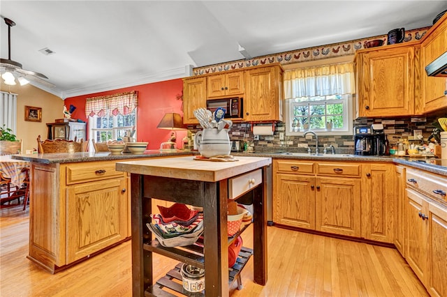 kitchen featuring light wood finished floors, a sink, tasteful backsplash, a ceiling fan, and black microwave
