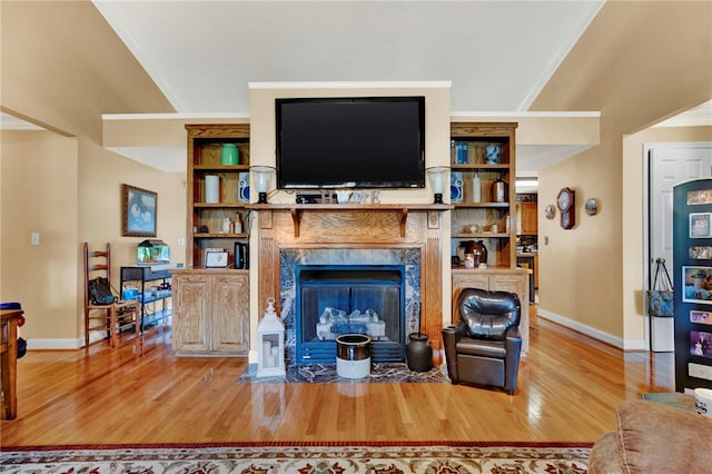 living room with ornamental molding, light wood finished floors, a premium fireplace, and baseboards